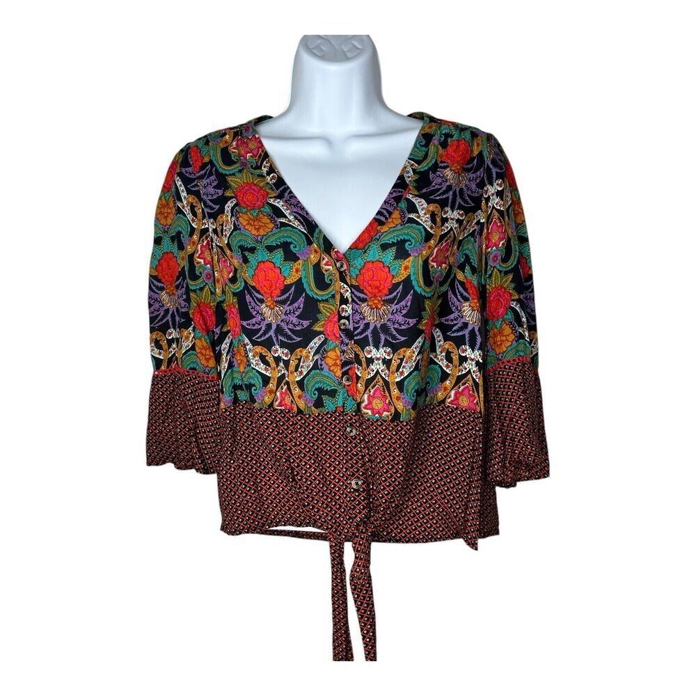 Maeve Anthropologie Top Womens 6 Button Tie Front Floral Paisley Boho Festival